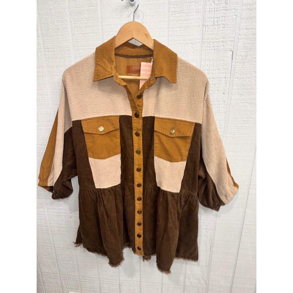 Umgee Shacket Brown Tan Colorblock Corduroy Waffle Knit Boho NEW M Oversized